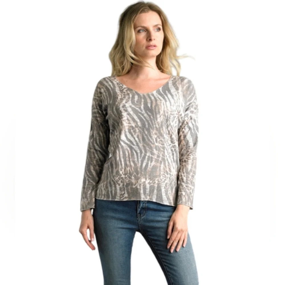 Tempo Paris Metallic V Neck Wool Angora Blend Sweater Animal Print Size 12